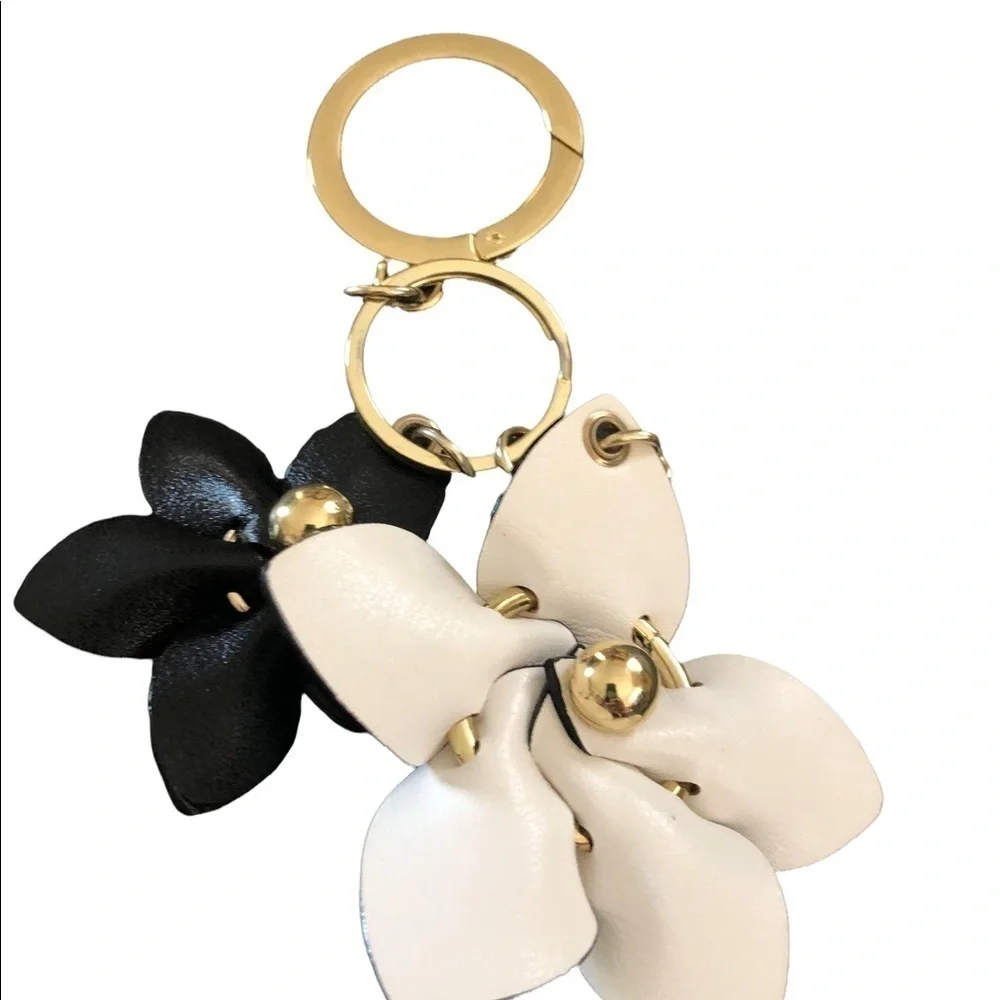 Victoria’s Secret Black White Faux Leather Vegan Floral Keychain Gold Clip